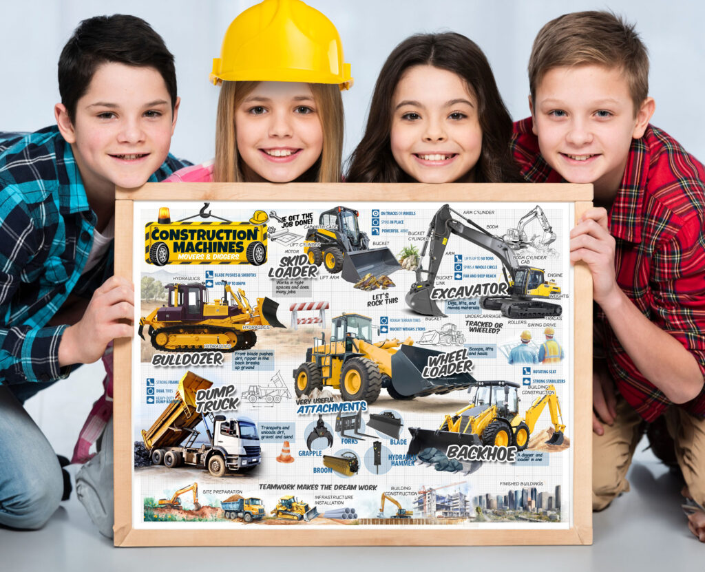 Image showing four kids holding a framed construction machines and trucks poster 18x24 inches