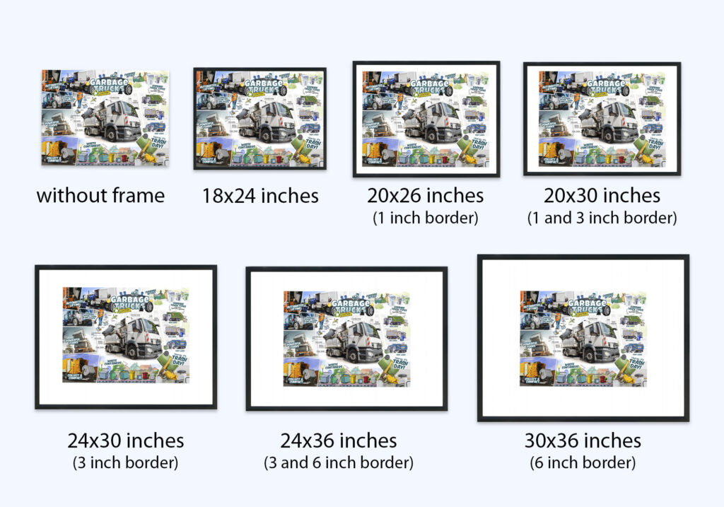 Different poster frame sizes and their matting sizes for an 18 x 24-inch wall art for children's bedroom