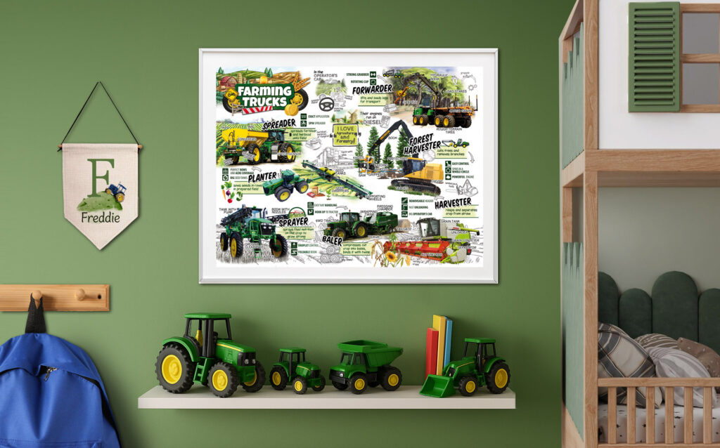 Boy's green bedroom wall with tractor wall art poster, toy tractors and room decor