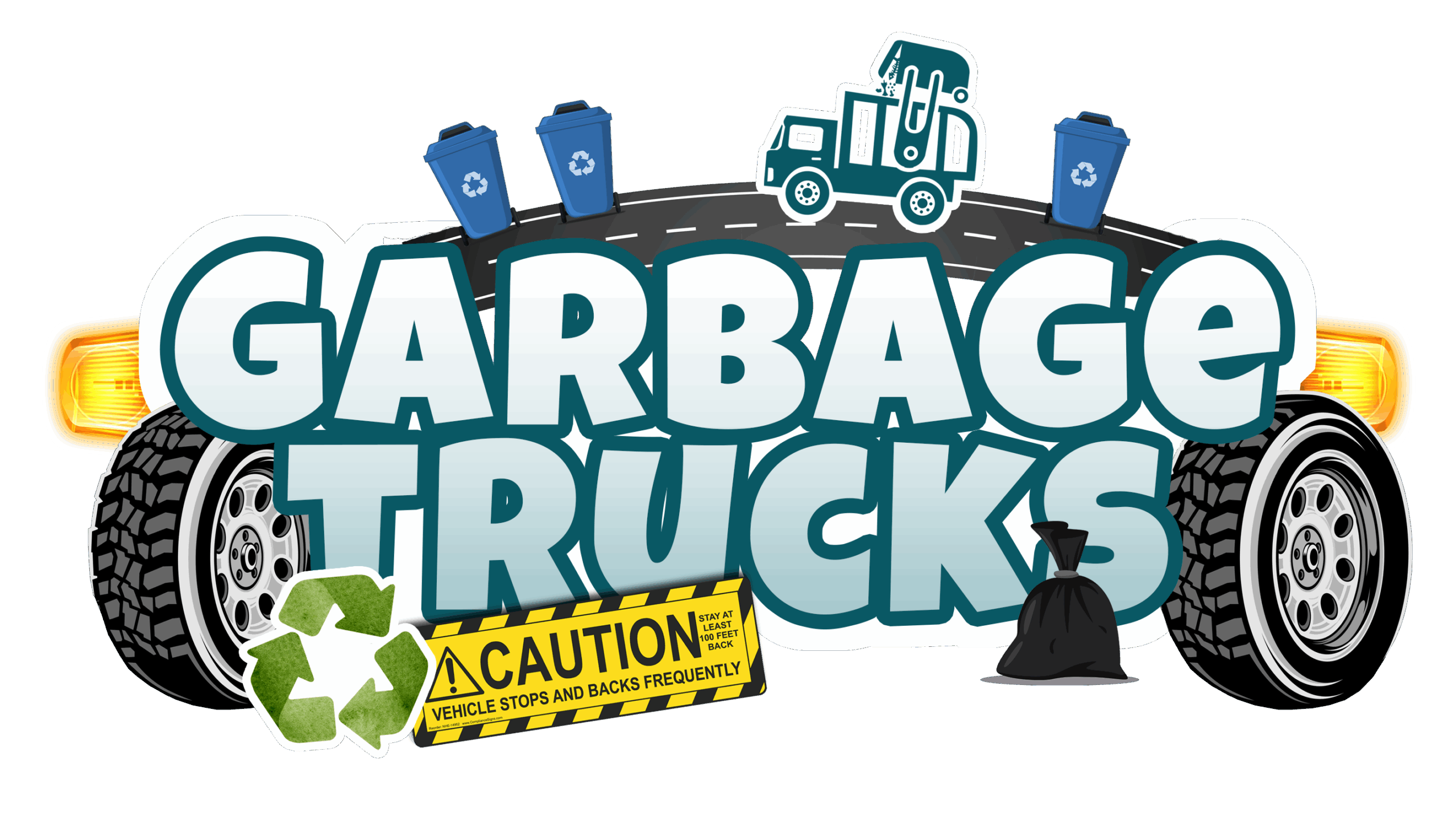 Kids' garbage and recycling trucks poster logo