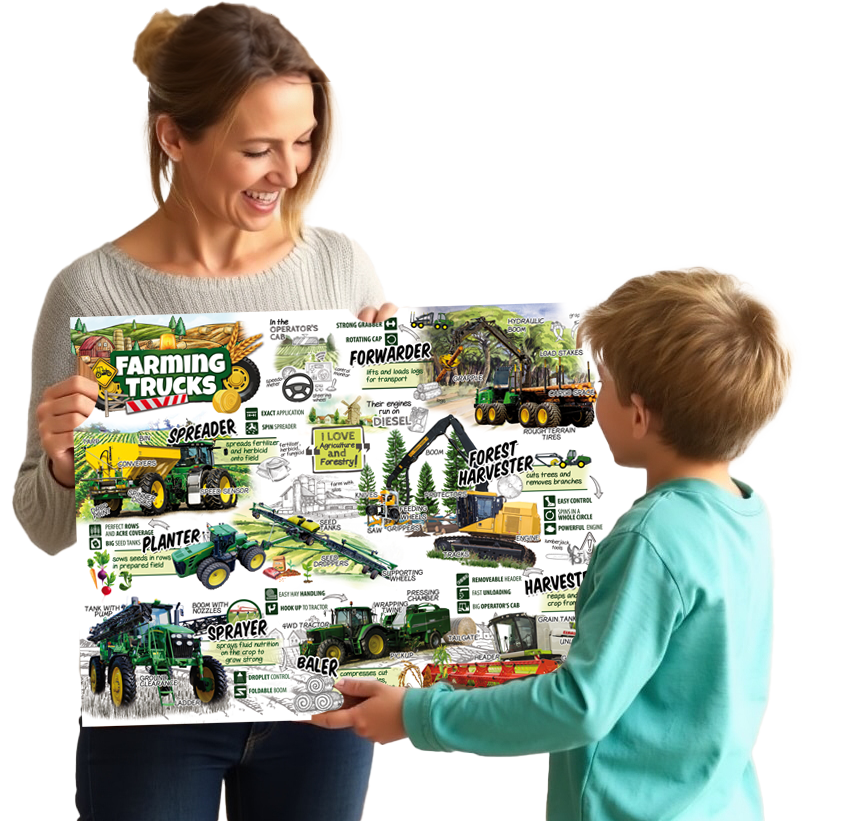 Happy mom gifting young boy kids' farming trucks poster
