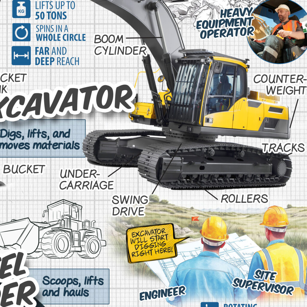 Detail of a kids' construction truck poster showing parts and technical pictures of an excavator